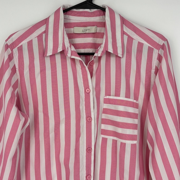 Loft Womens Small Button Up Shirt Pink White Cabana Stripe High Low Long Sleeves - Picture 2 of 7
